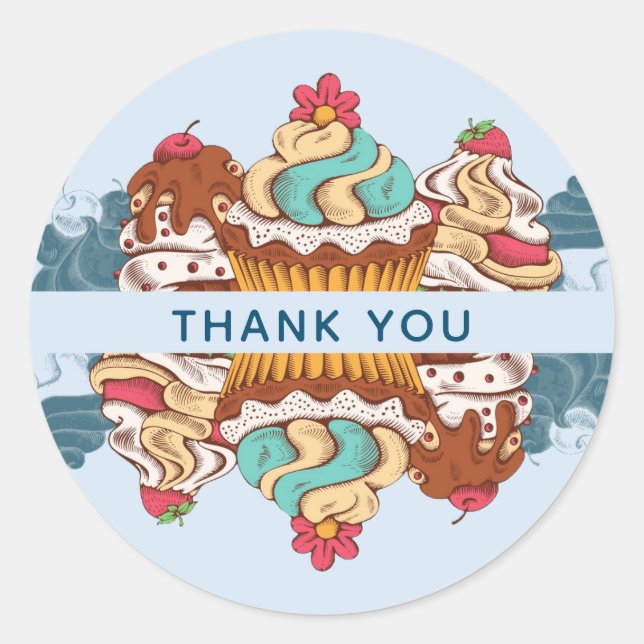 Sticker Rond Cupcakes de style rétro Merci dessert doux (Devant)