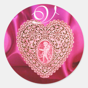 Sticker Rond CUPID LACE COEUR SILK FUCHSIA VÊTEMENT, Rouge rose