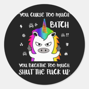 Sticker Rond Cussing Angry Cursing Unicorn Funny