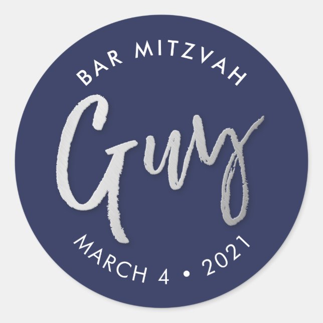 Sticker Rond CUSTOM Bar Mitzvah marine moderne nom argenté GUY (Devant)