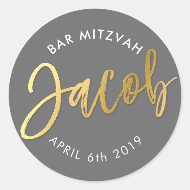Sticker Rond CUSTOM Bar Mitzvah pour Jacob gris + faux or (Devant)