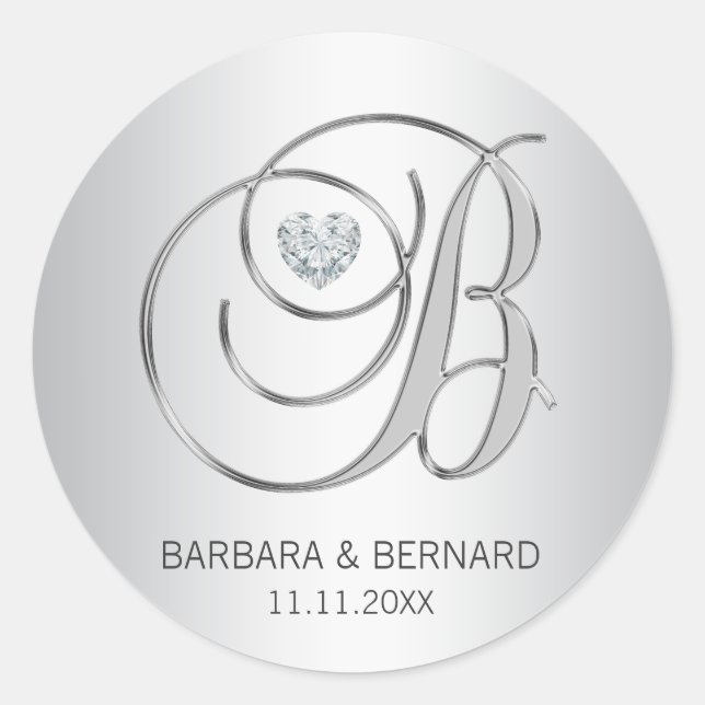 Sticker Rond Custom Elegant Silver Monogrammed Letter B Wedding (Devant)