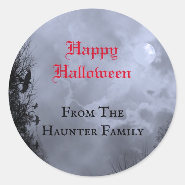 Sticker Rond Custom Happy Halloween Pleine lune rouge et corbea (Devant)