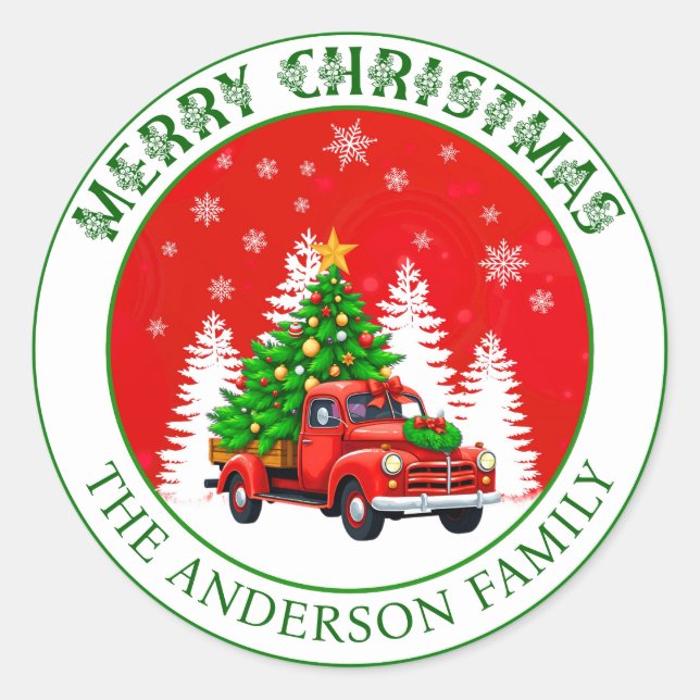 Sticker Rond Custom Joyeux Noël vintage camion rustique (Devant)