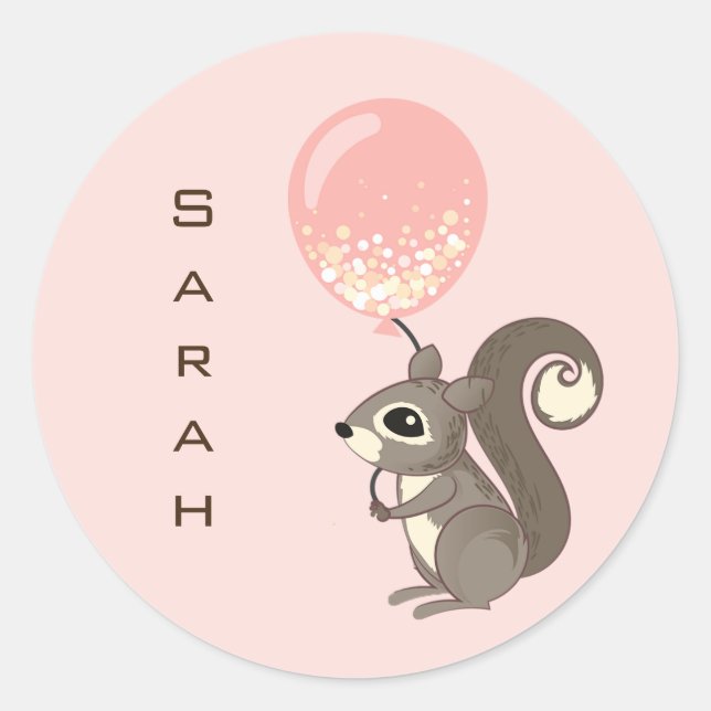 Sticker Rond Custom Name Squirrel with Pink Balloon (Devant)