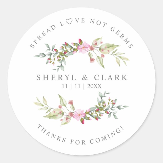 Sticker Rond Custom Pink Floral Wreath Wedding Sanitizer Gel (Devant)