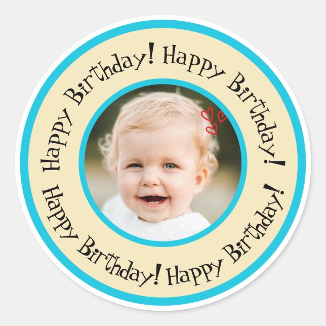 Sticker Rond Custom Round Birthday Photo Beige & Turquoise (Devant)