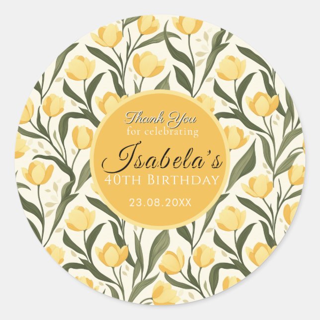 Sticker Rond Custom Yellow Tulip Themed Birthday Event (Devant)