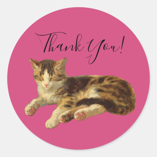 Sticker Rond Cute adorable Kitty Chat Merci Magenta Script (Devant)