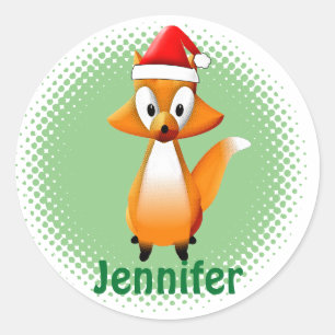 Sticker Rond Cute Animau Renard Cartoon Avec Casquette Santas