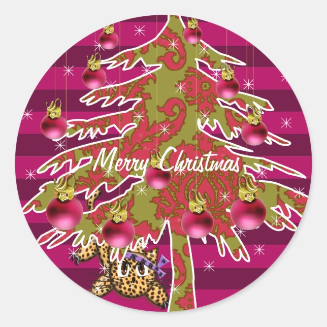 Sticker Rond Cute Anime Leopard Sous Damas Arbre de Noël (Devant)