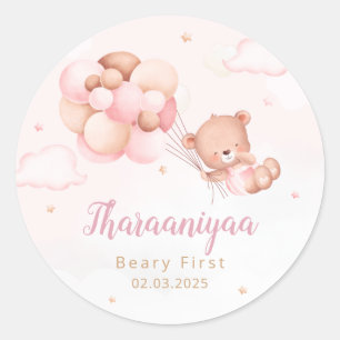 Sticker Rond Cute Aquarelle Boho Teddy Bear Girl baby shower