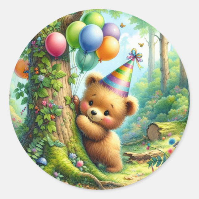 Sticker Rond Cute Aquarelle Cartoon Bébé Ours Bébé Anniversaire (Devant)
