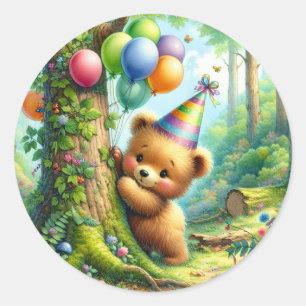 Sticker Rond Cute Aquarelle Cartoon Bébé Ours Bébé Anniversaire