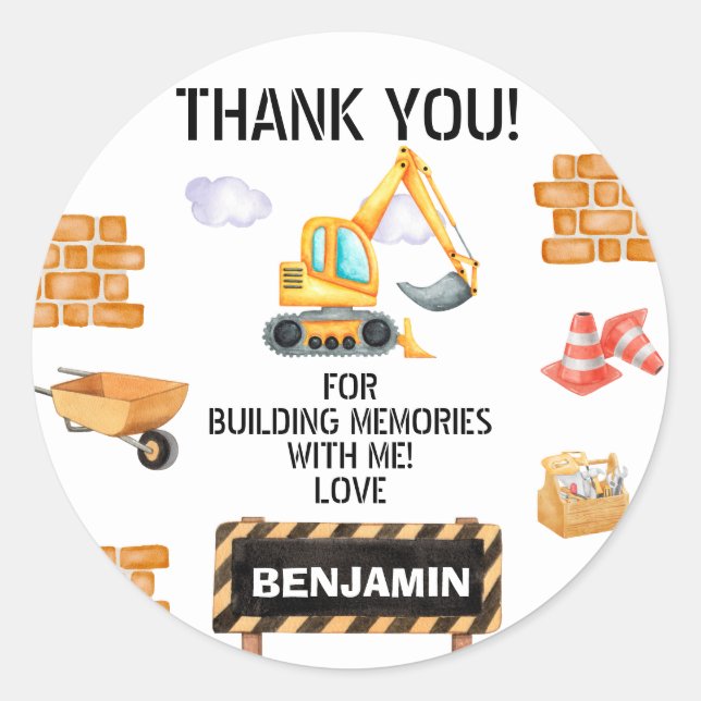 Sticker Rond Cute Aquarelle Construction Anniversaire (Devant)
