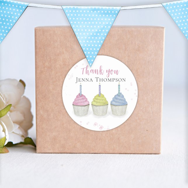 Sticker Rond Cute Aquarelle Cupcakes Whimsical Merci (Créateur téléchargé)