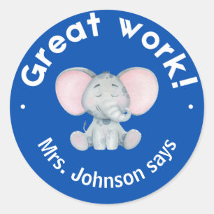 Sticker Rond Cute Aquarelle Elephant Great Work Student Award