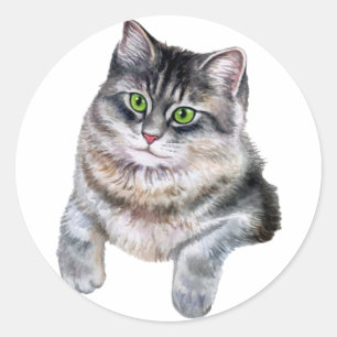Sticker Rond Cute Aquarelle Gris Tabby Chat