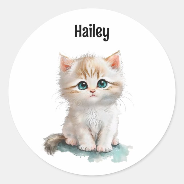 Sticker Rond Cute Aquarelle Kitten avec yeux bleus (Devant)