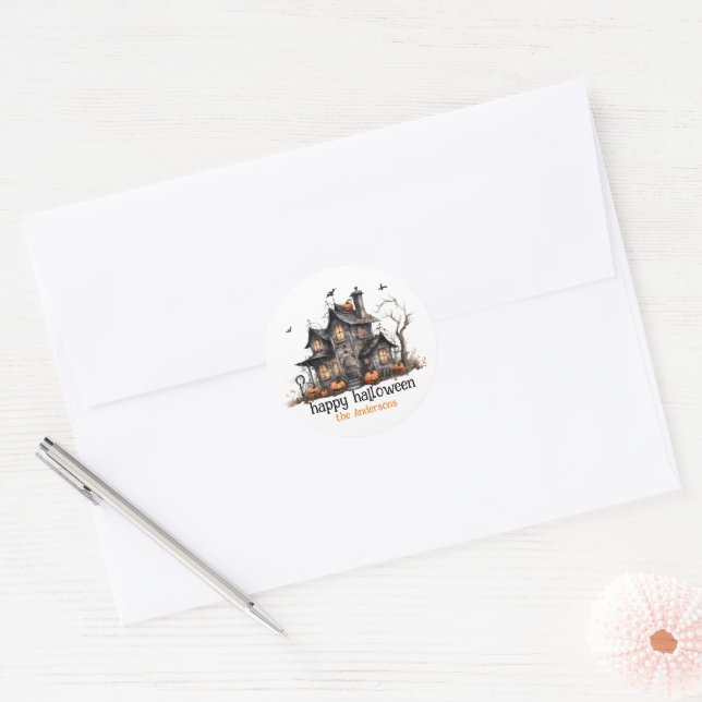 Sticker Rond Cute Aquarelle Maison Hantée Personnalisée (Enveloppe)