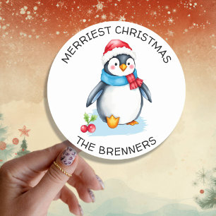 Sticker Rond Cute Aquarelle Penguin de Noël Personnalisé