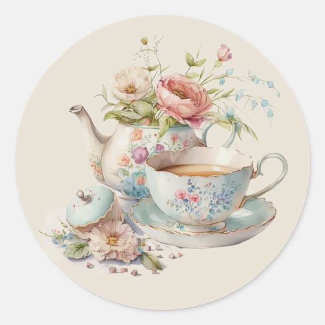 Sticker Rond Cute Aquarelle Teapot avec Bouquet Floral Classic (Devant)