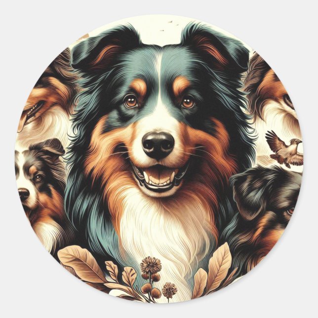 Sticker Rond Cute Australian Shepherd Peinture (Devant)