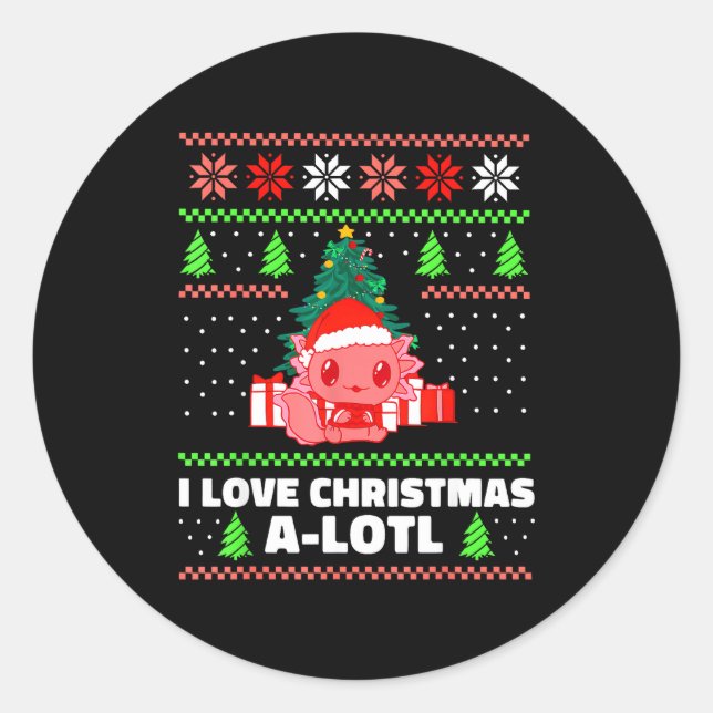 Sticker Rond Cute Axolotl I Love Christmas A-lotl Xmas Hat Sant (Devant)