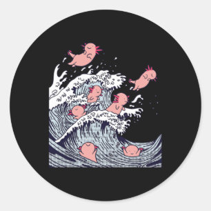 Sticker Rond Cute Axolotls surfant sur une vague , Vague japona