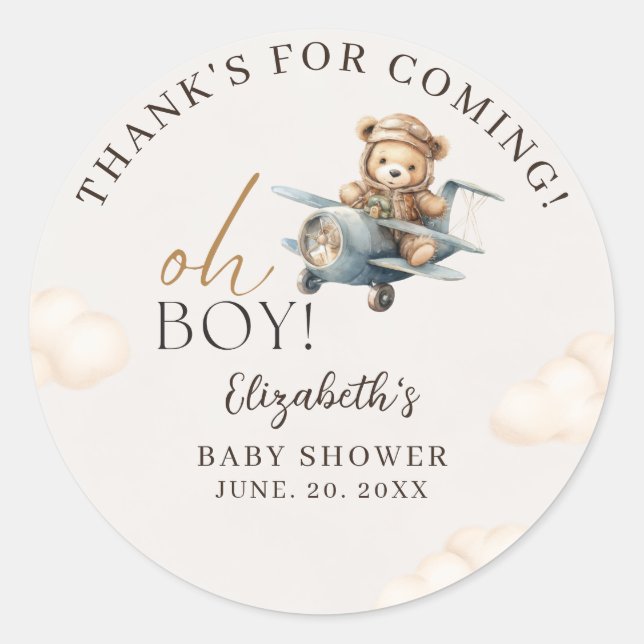 Sticker Rond Cute Bear Baby Shower Boy party (Devant)