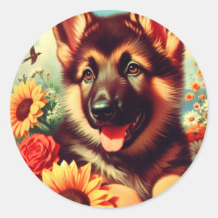 Sticker Rond Cute berger allemand Peinture de chiot
