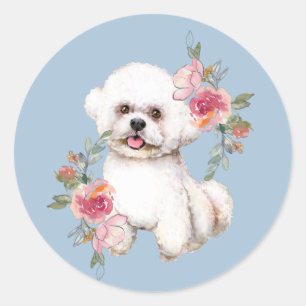 Sticker Rond Cute Bichon Frise avec Fleurs Aquarelle Art