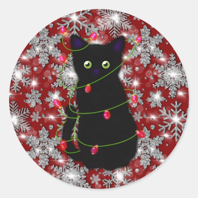 Sticker Rond Cute black cat Meowy Christmas sparkling snowflake (Devant)