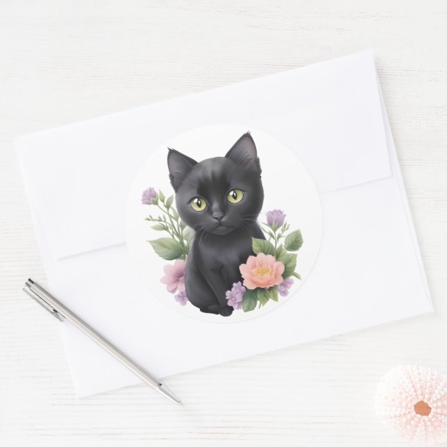 Sticker Rond Cute Black Chat Floral Whimsical (Enveloppe)