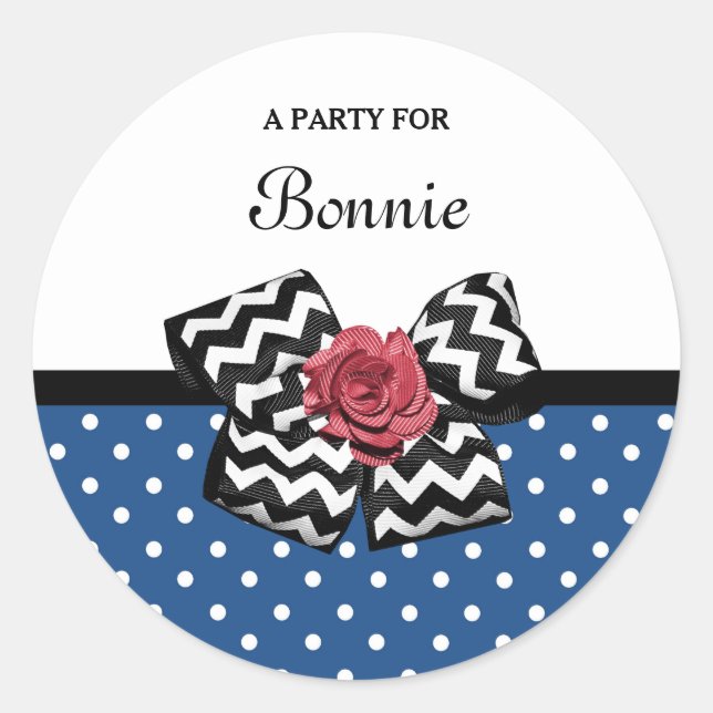 Sticker Rond Cute Bleu Pois Rouge Rose Chevron Bow et nom (Devant)