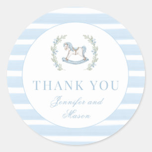 Sticker Rond Cute bleu rocking cheval bébé garçon douche merci
