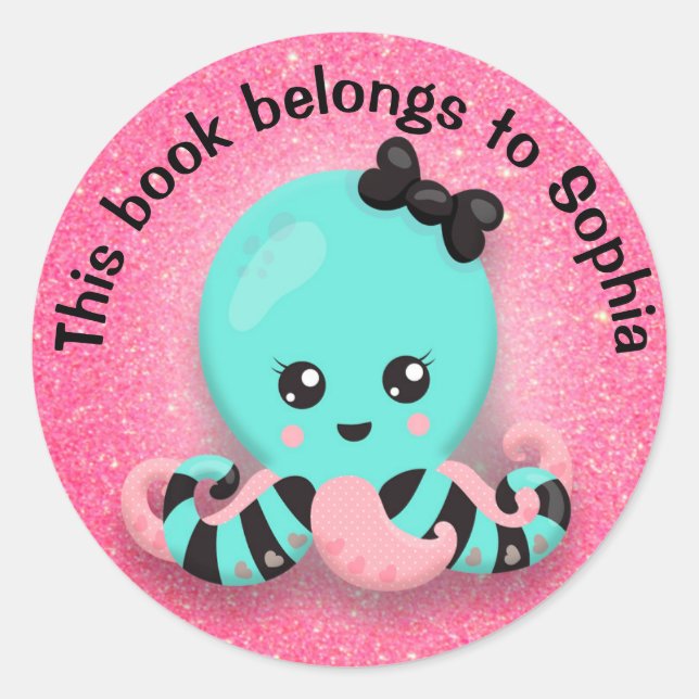 Sticker Rond Cute Bleu Rose Noir rayé Octopus Glitterie rose (Devant)
