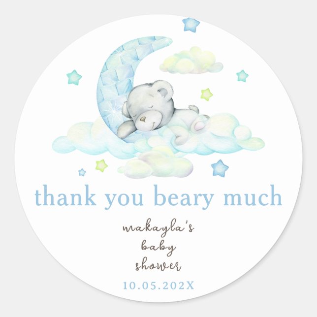 Sticker Rond Cute bleu Teddy Ours Baby shower Merci (Devant)