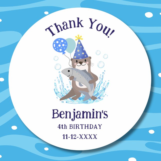 Sticker Rond Cute Blue Boy Sea Otter Anniversaire Merci de fête (Créateur téléchargé)