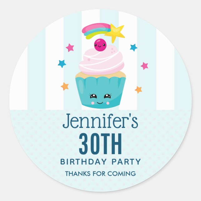 Sticker Rond Cute Blue Cupcake avec Kawaii Face Anniversaire Me (Devant)