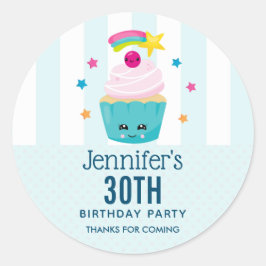 Sticker Rond Cute Blue Cupcake avec Kawaii Face Anniversaire Me