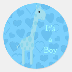 Sticker Rond Cute Blue Giraffe & Coeurs C'Est Un Garçon Nouveau