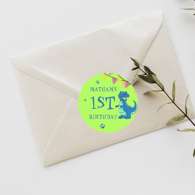 Sticker Rond Cute Blue Green Dinosaur Thème Anniversaire (Créateur téléchargé)