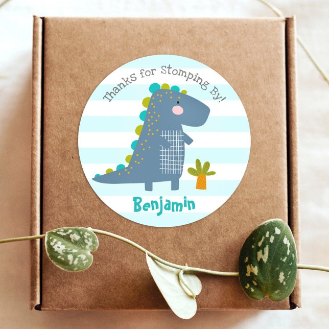 Sticker Rond Cute Blue Kawaii Dinosaur Boy Anniversaire Merci (Créateur téléchargé)