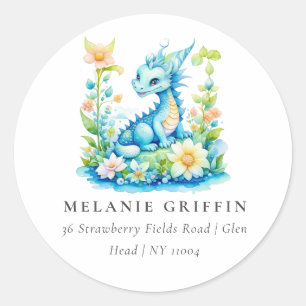 Sticker Rond Cute Blue Turquoise Green Dragon Personnalisé
