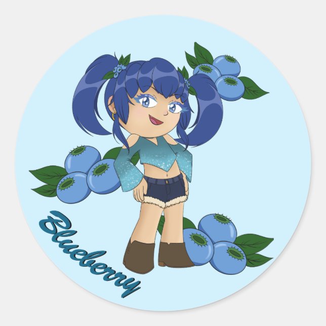 Sticker Rond Cute Blueberry Thème Chibi avec bleuets (Devant)