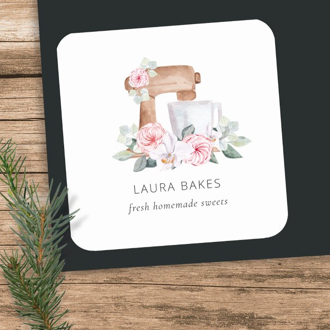 Sticker Rond Cute Blush Rose Floral Gâteau Mixer Boulangerie Re (Créateur téléchargé)