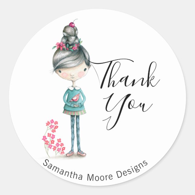 Sticker Rond Cute Boho Girl Avec Oiseau "Merci" Business (Devant)