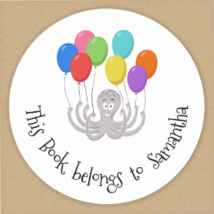 Sticker Rond Cute Bookplate Ce Livre Appartient À L'Octopus Drô