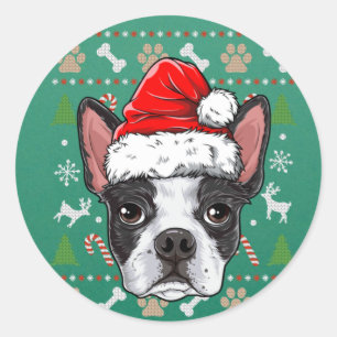 Sticker Rond Cute Boston Terrier Ugly Christmas Sweater Santa